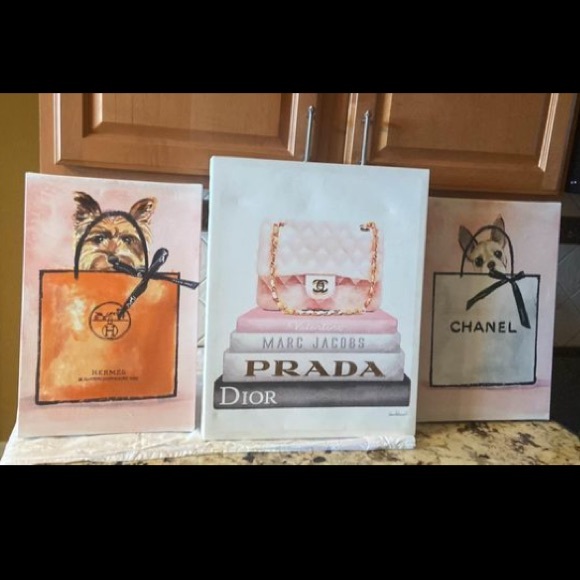 Beautiful Designer Brand & yorkie pup Canvas Wall Art set of 3 prints - Picture 2 of 6